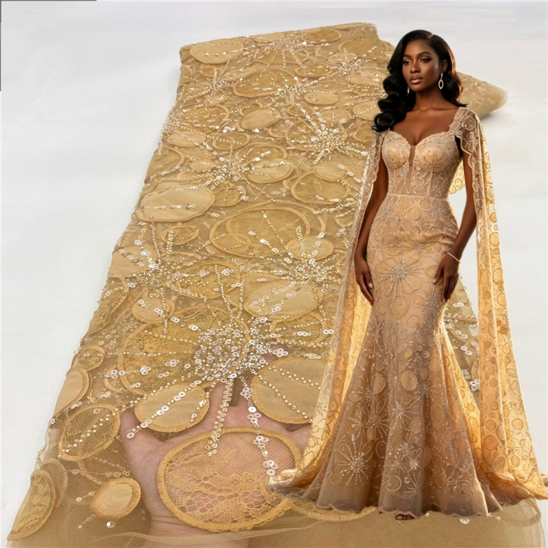 Embroidery Yellow Dress - Lüks Afrika İşlemeli Payetli Sarı Dantel