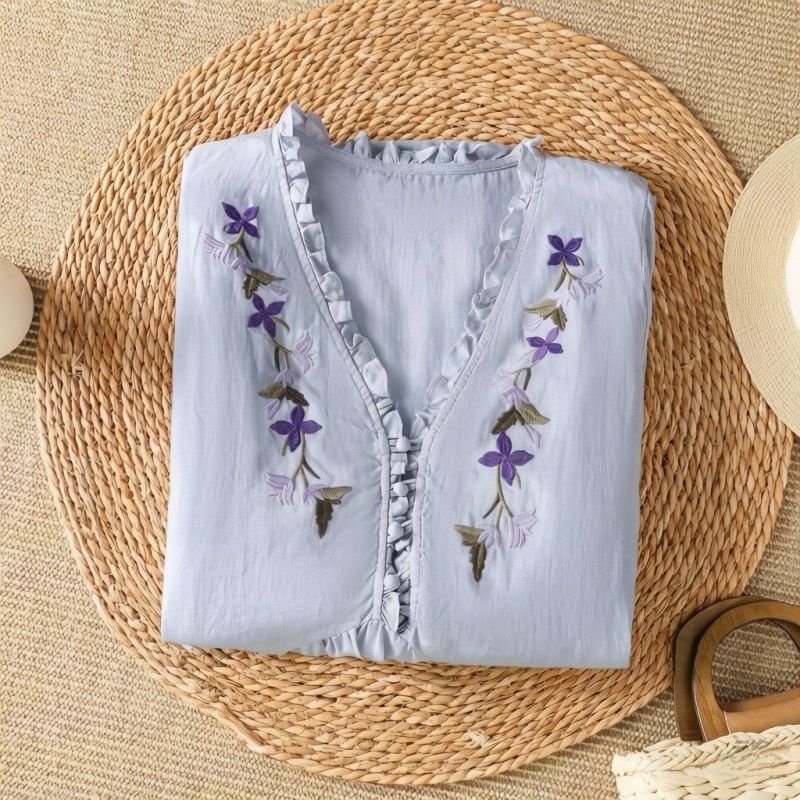 Zarif Mor Çiçek Desenli Nakışl - Embroidery Cotton Shirt incelemesi ve fiyatı